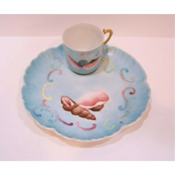 Unusual CFH GDM Limoges Demitasse Cup and Toast Snack Set Pastels Seashells - Picture 1 of 9